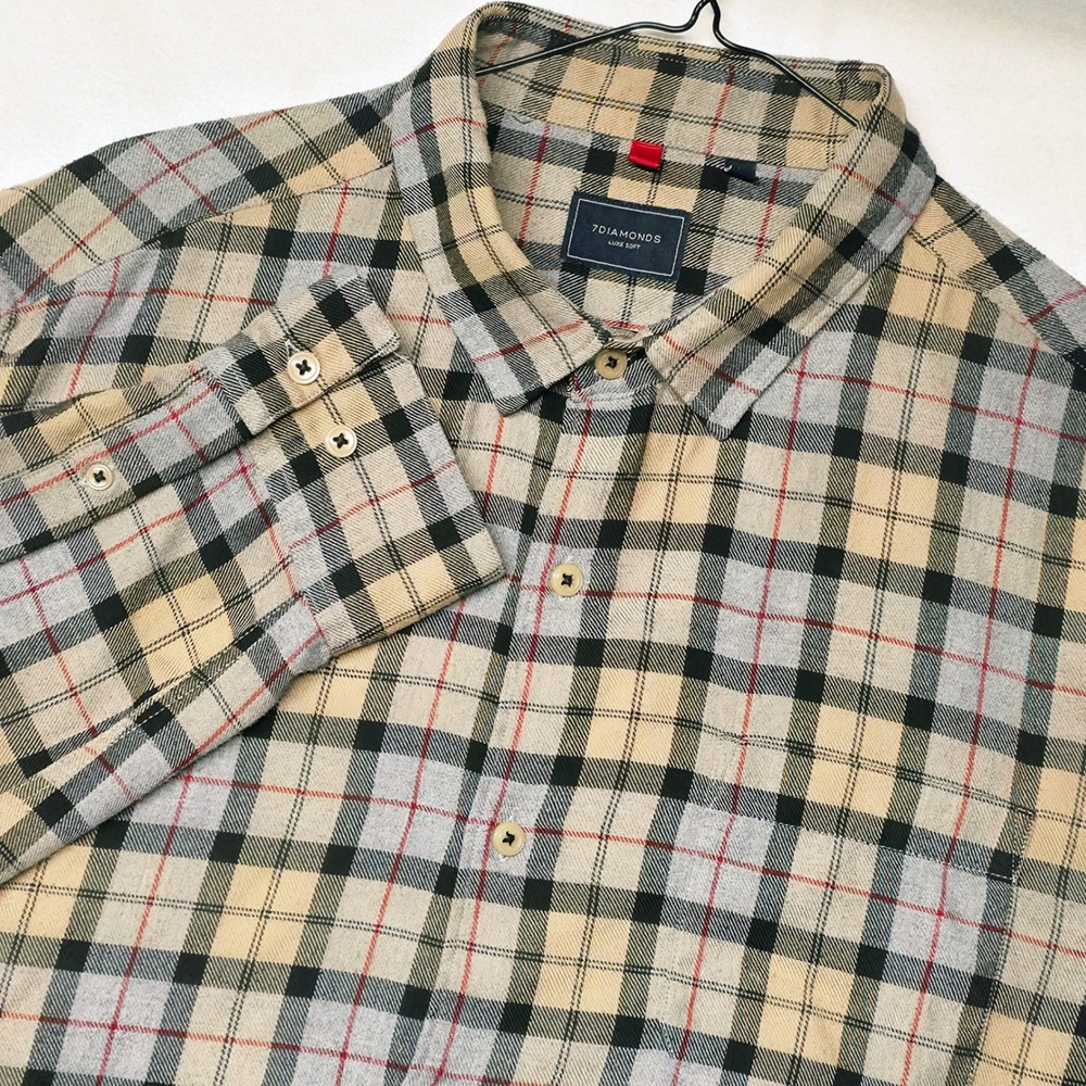 7Diamonds Button Down Shirt Mens Large Tan Luxe Soft Plaid SMKF-1003 Long Sleeve